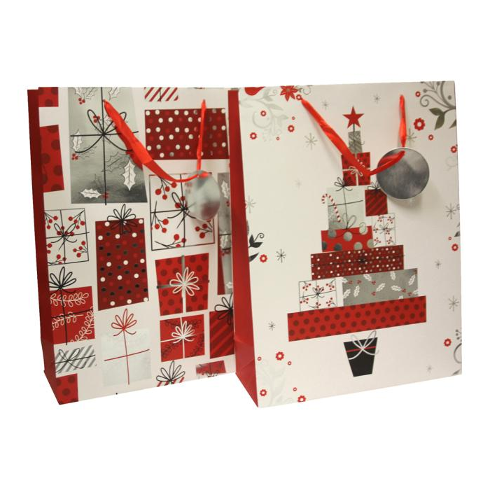 Vianočná papierová taška 310x420x120mm textilné ušká vo farbe tašky mix 2 farebných motívov bez
