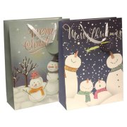 Vianočná papierová taška 310x420x120mm textilné ušká vo farbe tašky mix 2 motívov Snehuliaci bez